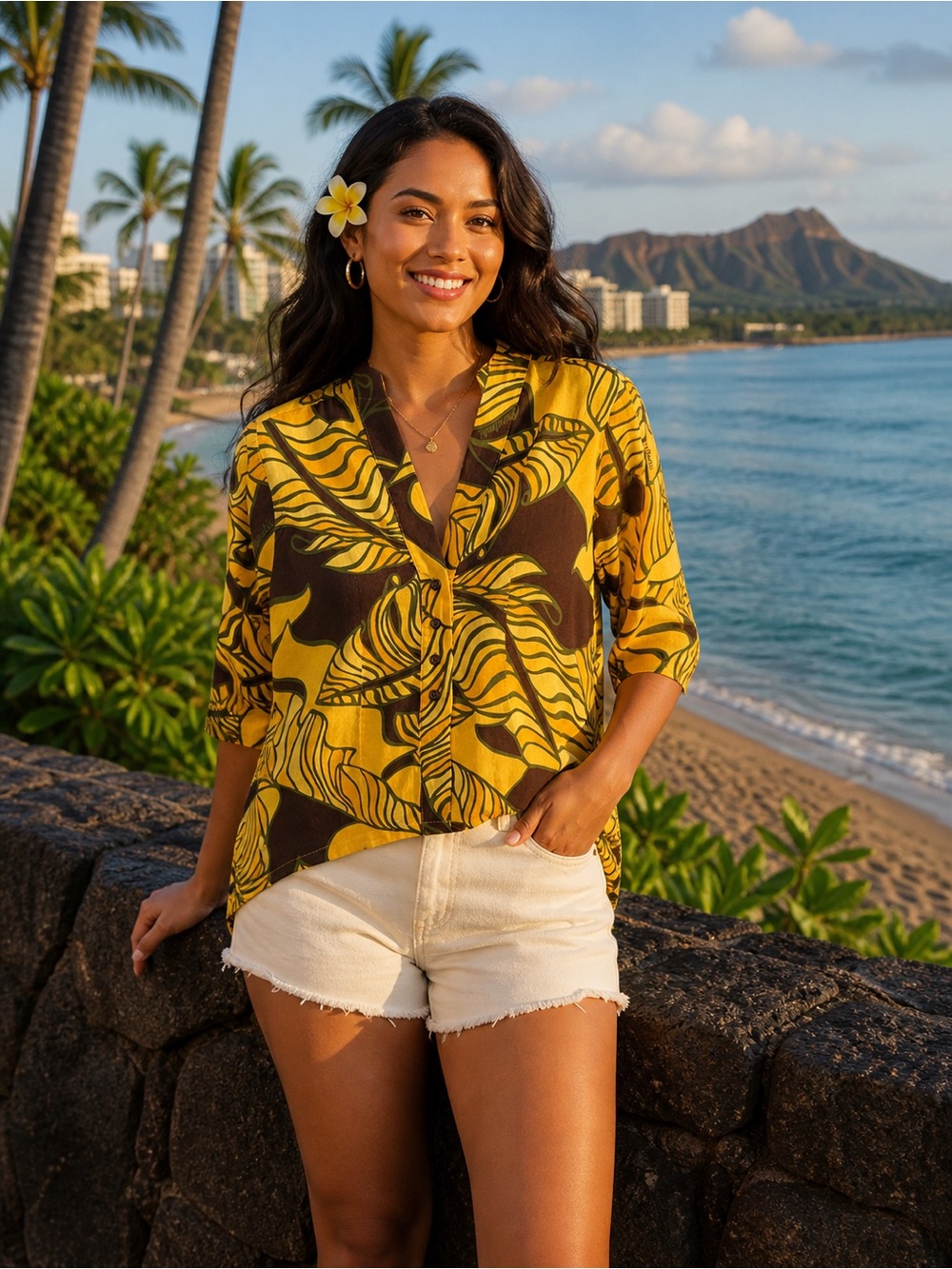 Manuhealii Yellow and Brown Tropical Button-Up Women’s Top